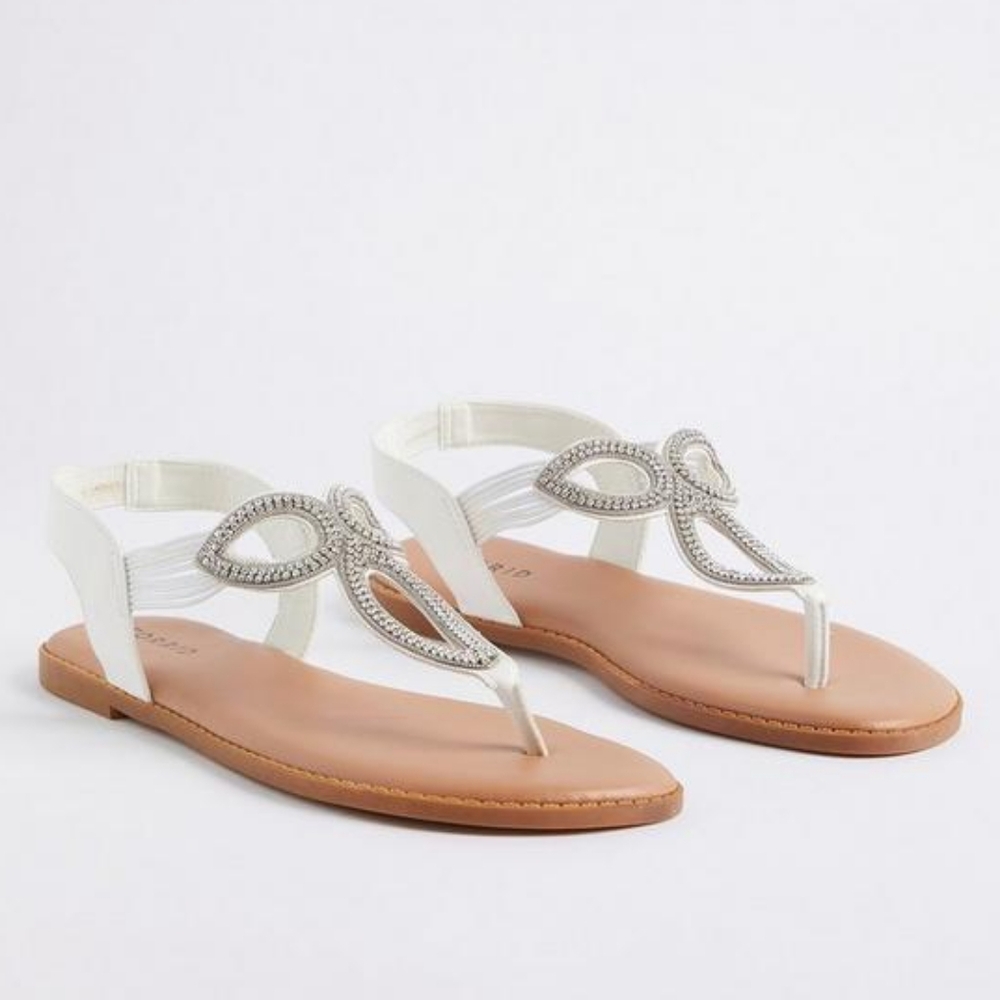 Torrid extra wide width rhinestone Thong Flat sandal, 6.5 WW, white/ silver